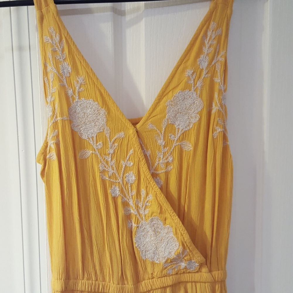 American Eagle AEO Yellow Wide Leg Jumpsuit with White Embroidered Floral Design